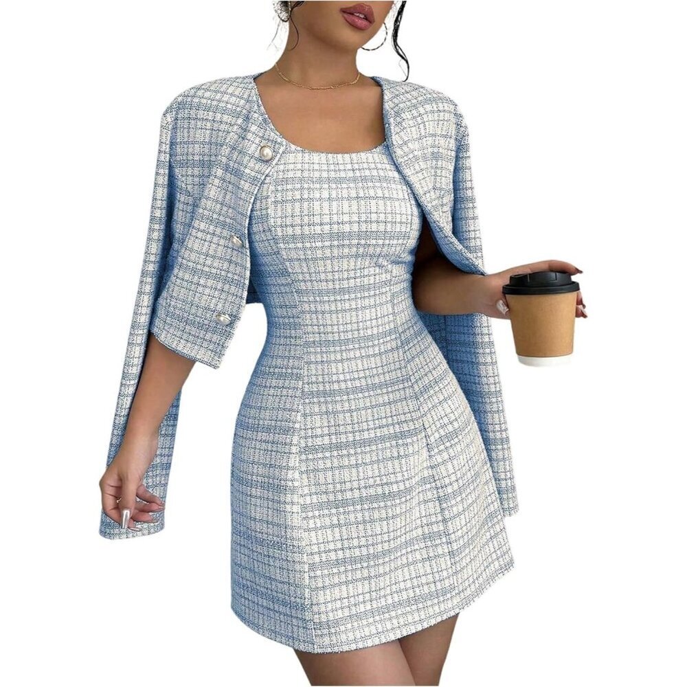 Women's Plaid 2 Piece Outfit Cropped Jacket Sleeveless Dress Small